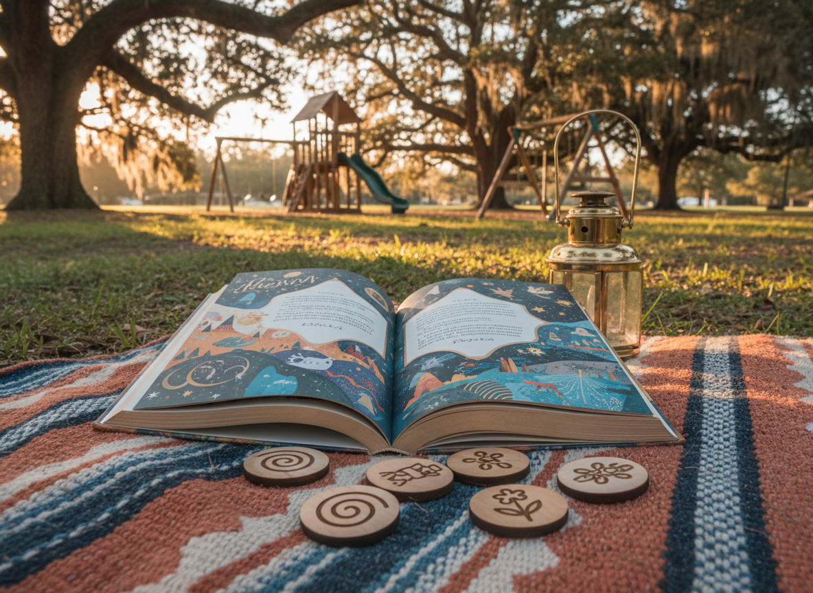 A cozy storytelling corner set up outdoors in a small Pensacola park, centered on an open, richly illustrated hardcover book resting on a woven blanket patterned with geometric shapes. Around the book are wooden storytelling tokens engraved with simple, abstract symbols representing wellness, imagination, and community. Late-day golden hour sunlight bathes the scene, catching the metallic edges of a nearby lantern and creating warm, elongated shadows in the grass. Photographic realism, captured from a low, close-up angle that emphasizes the book’s texture and detail while softly blurring the playground structures and live oaks in the background, conveying a magical yet grounded mood of learning through play and story.