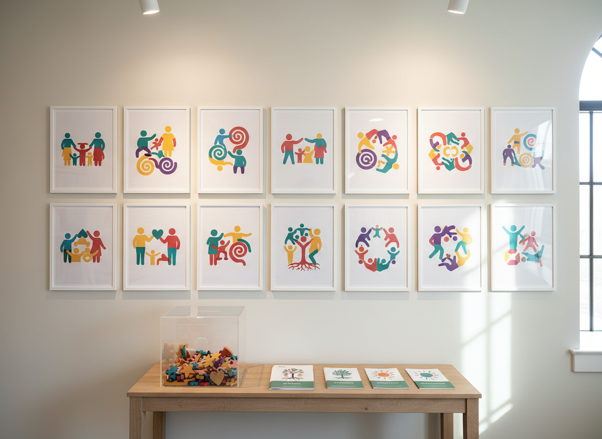 A vibrant community engagement wall inside a nonprofit center, filled with framed, text-free posters depicting abstract scenes of families, youth, and neighbors interacting through colorful shapes and stylized non-human characters. Below, a narrow console table holds a clear acrylic donation box half-filled with symbolic wooden tokens, alongside a neatly arranged stack of program brochures featuring bold, simple iconography instead of text. Soft, indirect lighting from recessed ceiling fixtures and a nearby window creates gentle shadows along the wall. Photographic realism, straight-on composition with a slight wide-angle lens, capturing the full display and producing a hopeful, organized atmosphere that highlights programs, impact, and opportunities to get involved.