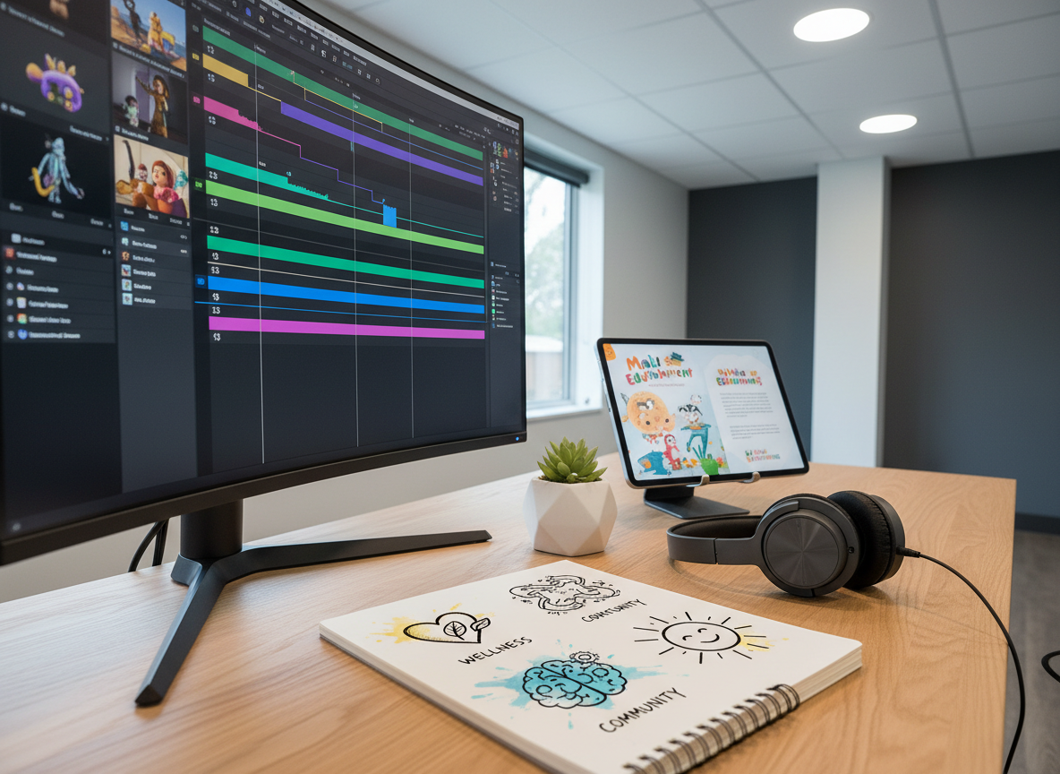 A modern multimedia creation desk showcasing the full spectrum of Make’s edutainment work: a curved monitor displays a vibrant animation timeline, a nearby tablet shows a page layout for a children’s book, and a pair of studio headphones rests beside an open notebook filled with hand-drawn icons symbolizing wellness and community. The desk surface is smooth light oak, accented with a small succulent in a matte white pot. Soft, diffused light from a nearby window combines with cool overhead LEDs, giving a balanced, professional glow. Photographic realism, medium shot at a three-quarter angle, with careful depth of field to keep all creative tools legible, evoking innovation, craft, and mission-driven media production.
